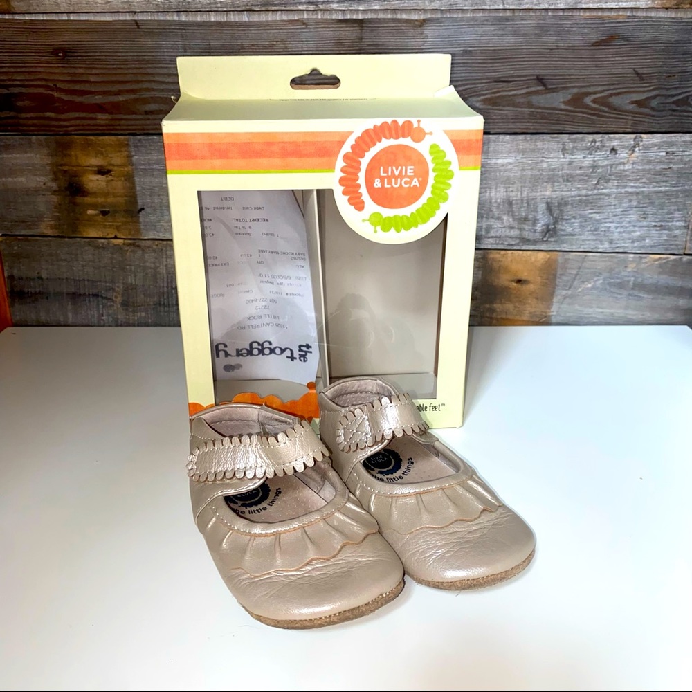 Baby Livie and Luca Champagne Rouche Shimmer- Soft Sole